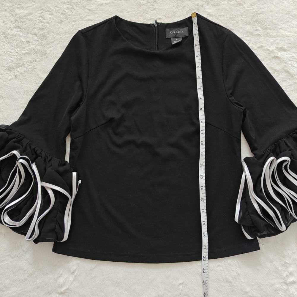 Gracia Ruffle Cuff Flare Long Sleeve Blouse Black White Contrasting Ribbon Trim - Picture 4 of 7